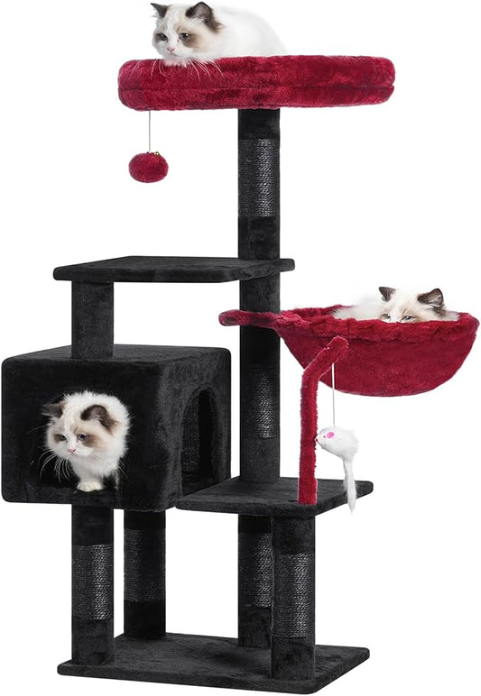 Heybly Cat Tree with Toy, Cat Tower condo for Indoor Cats, Cat House with Padded Plush Perch, Cozy Hammock and Sisal Scratching Posts, Black and Red HCT004SBR
