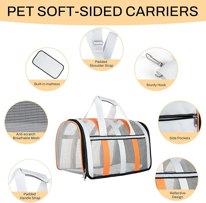 Soft Sided Pet Carrier, Airline Approved Dog Cat Travel Bag with Mesh Windows, Collapsible Portable Pet Carrier for Small Medium Dogs Cats (Orange)