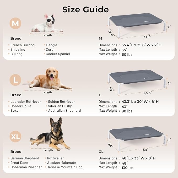 ZOMISIA Outdoor Elevated Dog Bed Tool-Free Assembly, Raised Dog Cot Bed for Large Dogs, Cooling Portable Cot Pet Hammock Bed with Non-Slip Feet & Waterproof Teslin Mesh, 43x30 Inch