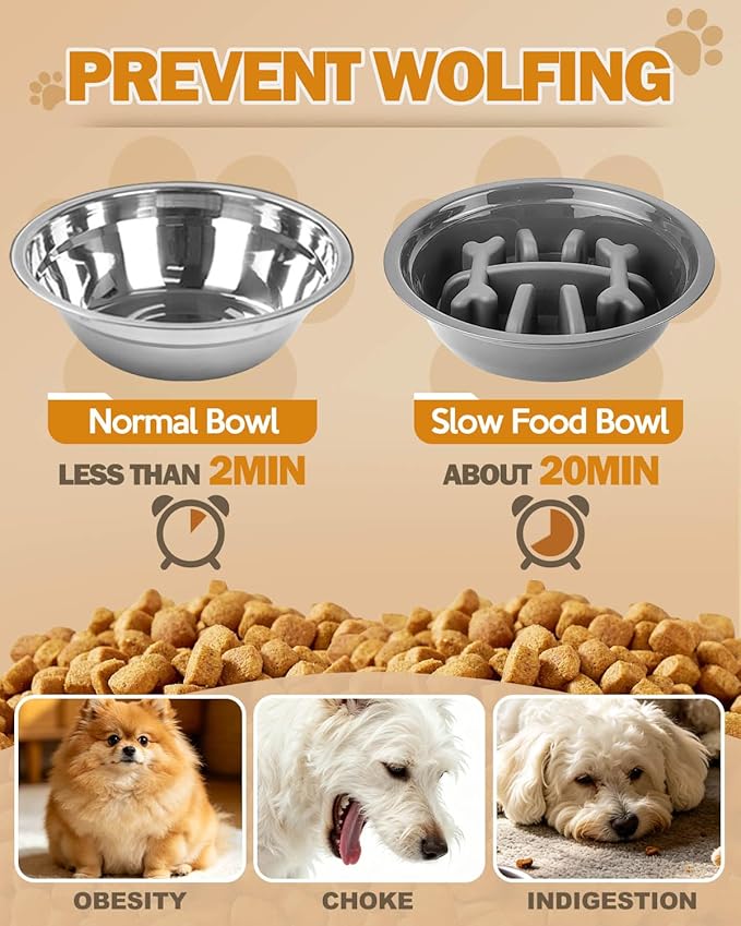 Jovrun Elevated Dog Bowls for Small Dogs and Cats with Mat, Non-Slip Cat Bowls with 1*Stainless Steel Dishes & 1*Slow Feeder Bowl, Dog Feeder 2 Heights Adjustable to 2.6"-5.3"