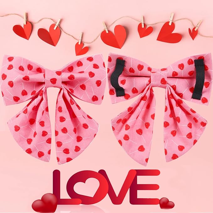 Valentine Dog Collar with Bow Tie, Valentine Bowtie Collar for Large Girl Dog, Cotton Collar with Durable Metal Buckle, Valentine’s Gift Pet Collar, L, Red Heart