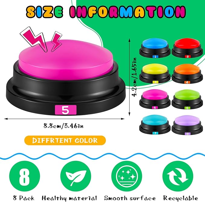 Xuhal 8 Pcs Recording Button Buzzers for Trivia Games with Number Recordable Answer Buzzers for Communication Pet Training Gift for Back to School Game Trivia Nights, 8 Colors (Vibrant Color,Simple)