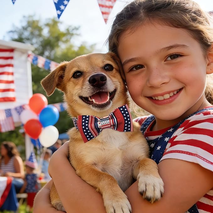 American Flag 4 of July Dog Bow Collar, Independence Day Adjustable Patriotic Dog Collar with Bowtie for Small Dogs,S