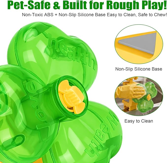 Cat Slow Feeder Puzzle Toy with Clamp Mount, Interactive Clover Treat Dispenser for Small Dogs & Cats, 3 Adjustable Feeding Openings for Dry Food, Enrichment Food Dispenser for Indoor/Outdoor