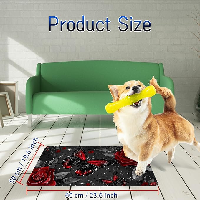 Dog Food Mat, 19.6" x 23.6" Absorbent Pet Feeding Mat for Food and Water, Waterproof Diatom Mud Pet Placemat with Non-Slip Rubber Backing, Cat Bowl Mat for Floors - Red Rose Butterfly