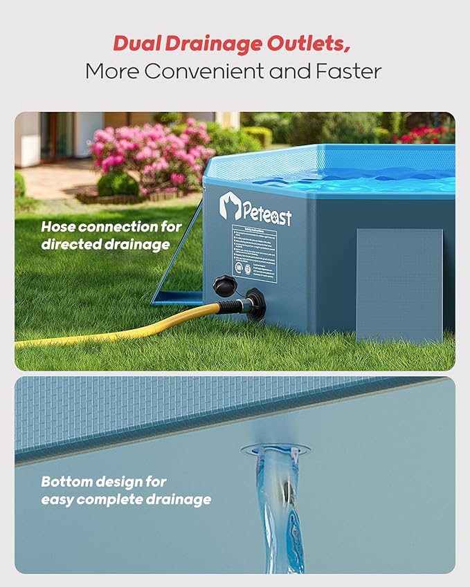 Peteast Foldable Dog Pool with Sturdy Square Design, Durable 82" Lx46 Wx12 D Extra Large Portable Pet Bathtub with Reinforced Sidewalls for Stability, Ideal for Indoor & Outdoor Use (Blue&Dark Gray)