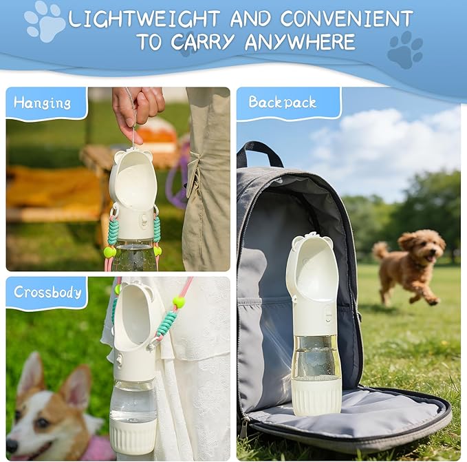 YFL Dog Water Bottle Portable with Food Container - 2 in 1 Leak Proof Drinking Cup and Food Container with Crossbody Strap, for Puppy Small Medium Dogs Walking Hiking Travel and Camping (White)