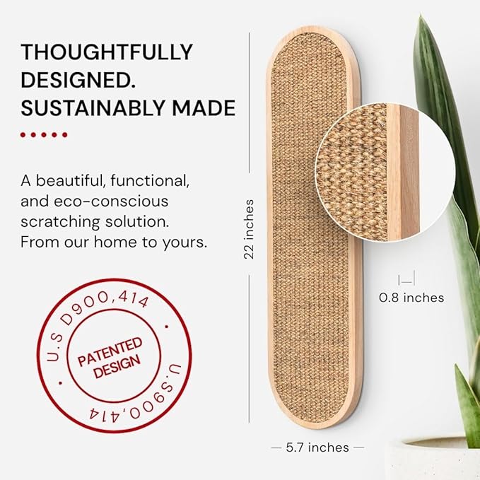 7 Ruby Road Indoor Cat Wall Scratcher — Multidirectional Sisal Scratch Pad & Board for Furniture Protection, Space-Saving Wall or Floor Use, Solid Rubberwood, All Breeds (Natural)