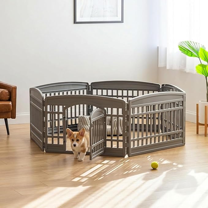 IRIS USA 24" Dog Playpen 6-Panel Pet Exercise Pen with Door Gate 61x61x24 Puppy Play Pen Indoor Outdoor Plastic Heavy Duty Foldable Portable Pet Fence for Small Medium Dogs Puppies Multiple Pets Gray
