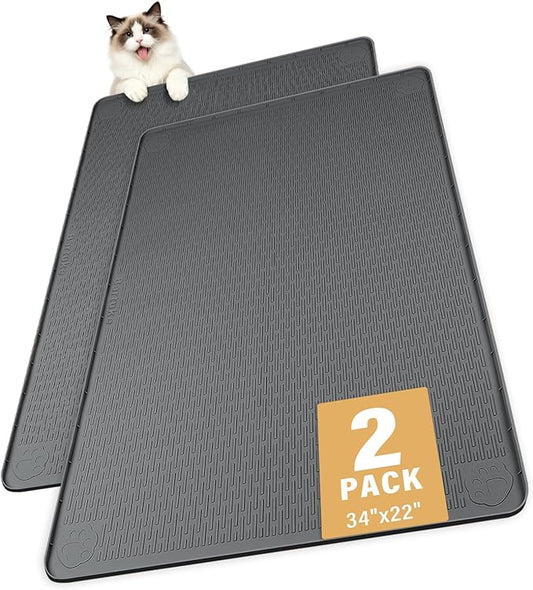 Cat Litter Mat, 2 Pack Large 34" x 22" Silicone Mat Litter Trapping Mat for Scatter Control, Soft on Kitty Paws, Easy to Clean (Dark Grey)