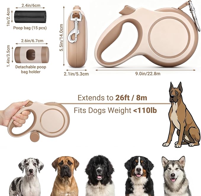 Segarty 26 Ft Walking Lead with Poop Bag Holder for Pet 66 lbs - 110 lbs, 360°Tangle-Free 8m Long Retractable Leash with Anti-Slip Handle One-Handed Brake Pause Lock, Heavy-Duty Leash for Dogs Outside