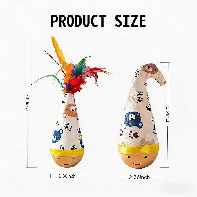 Natural Beechwood Cat Toy, 2-Pack Weeble Wobble Tumbler Toy for Indoor Cats & Small Dogs, Self-Righting Interactive Toy with Colorful Feathers, Silent Battery-Free Play for Solo Exercise