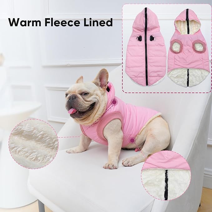 Vecomfy Fleece Lining Dog Hoodie with Harness Built in,Extra Warm Small Dog Jacket in Winter Puppy Coats with Hooded,Light Pink XS