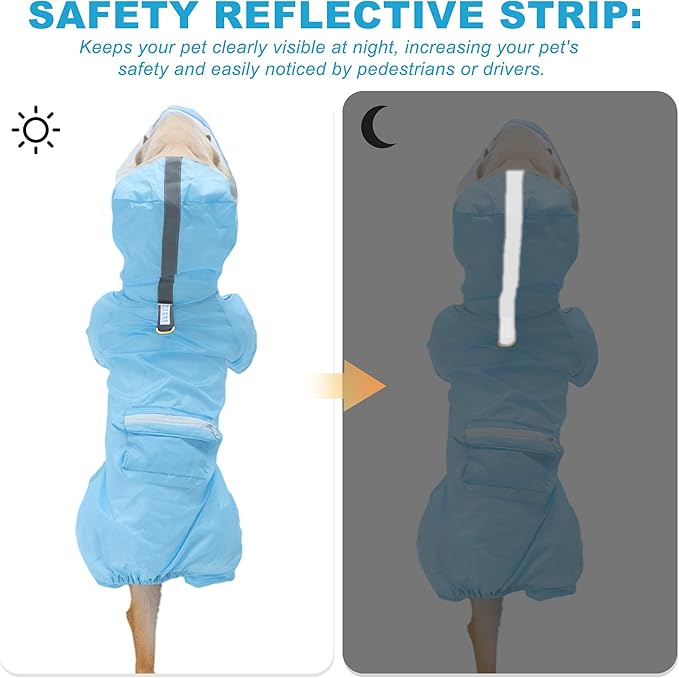 Dog Raincoat, Full Coverage Small Dog Raincoat, Waterproof with Four-Leg Protection, Dog Rain Jacket, Reflective Strip Design, Blue, XL Size, 1 Pcs