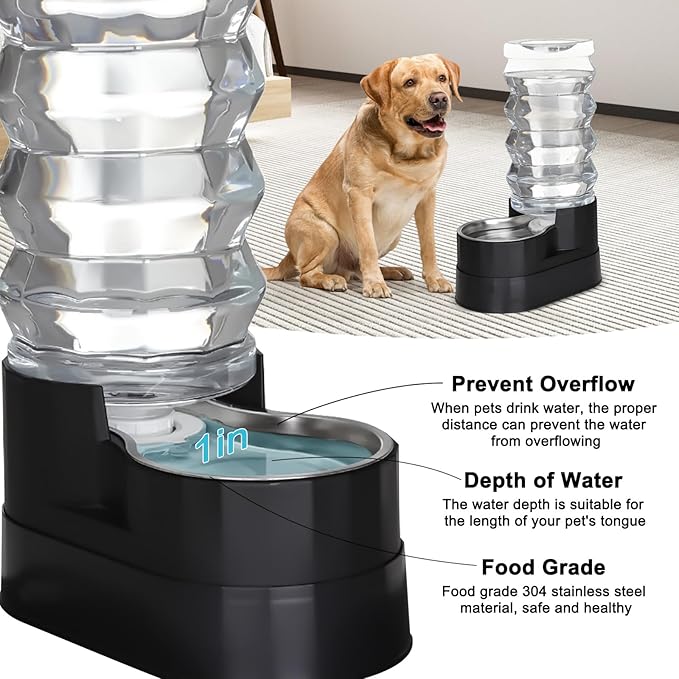 RIZZARI Black 9L Gravity Dog Water Dispenser - Ion Exchange & Carbon Filtration, Raised Base for Senior Dogs, Spill-Resistant, Includes 2 Filters & Caps, with Stainless Steel Bowl, for Multi-Dog Homes