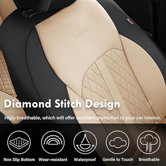 Coverado Universal Leather Seat Covers Front Seats, 2-Pack Seat Covers for SUV, Pickup Truck, Sedan, Automotive Vehicle Interior, Waterproof and Durable All Weather Protector，Black&Beige