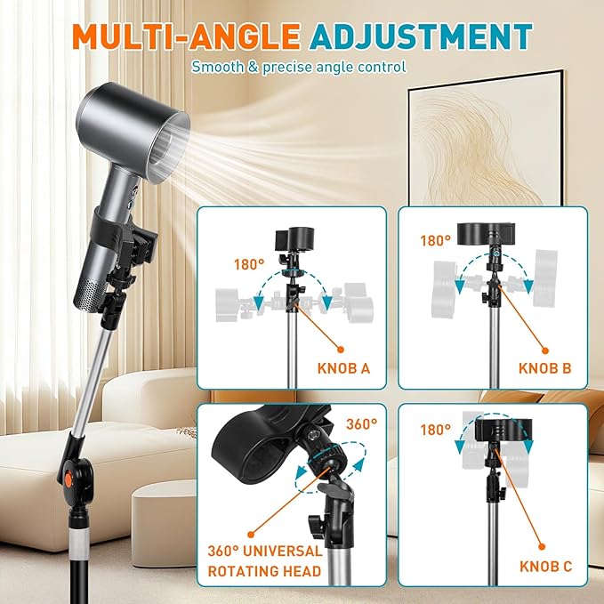 Hair Dryer Stand Hands Free, Hair Dryer Holder Stand with Rotary Lock Swing Arm, 23.6–63" Adjustable Height Hair Diffuser Stand, 360° Rotating with Heavy Base for Dyson Supersonic Bathroom, Vanity