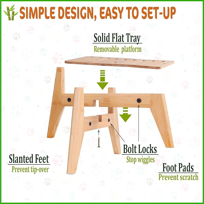 Stand for Dog Water Food Dispensers, Suitable for Medium Breeds - Bamboo Holder for Elevated Raised Automatic Gravity Dog Feeders - Medium Size