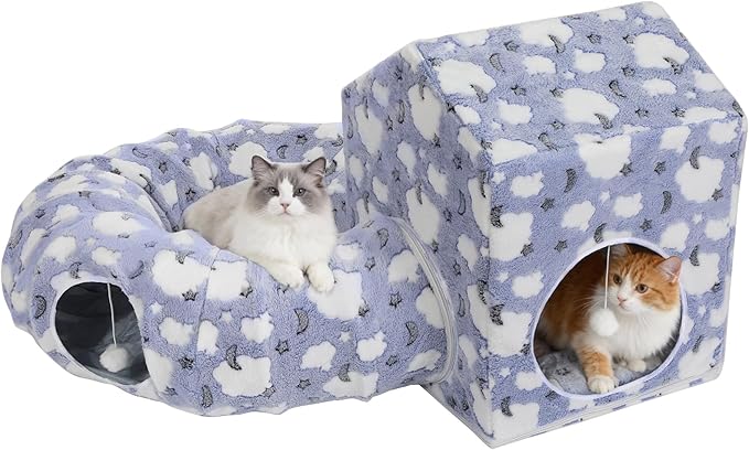 Pawaboo Cat Tunnel Bed for Indoor Cats, Cute Cat Donut Tunnel with Square House, Peekaboo Pet Cave Play Tunnels with Cave for Kitten/Rabbit, Basic Soft Blue