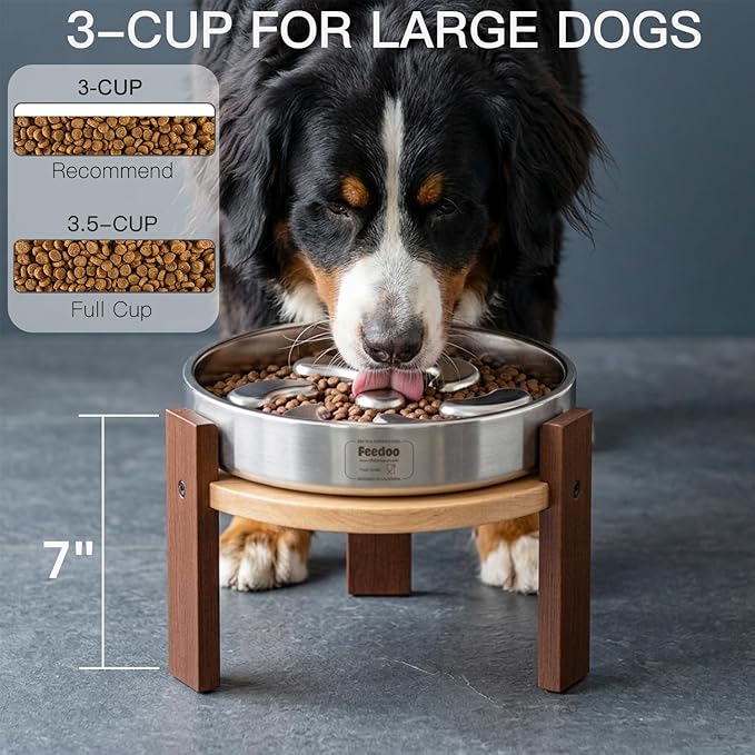 Elevated Dog Bowl Stand, 7'' Height Raised Stand for Large Dogs, Includes 3Cups Stainless Steel Slow Feeder Dog Bowl, Durable Solid Hardwood