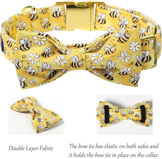 Lionet Paws Spring Dog Collar with Bow tie,Cute Summer Bees Yellow Dog Collar Bow Tie for Dogs and Cats Female, XS, Neck 8-12 inches