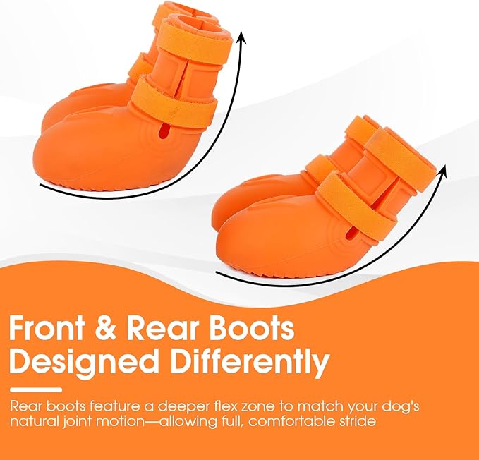 Easy-On Rubber Dog Boots for Small Medium Dogs with Wide Opening & Dual Hook-and-Loop Fastener – Waterproof Dog Shoes, Non-Slip Paw Shoes for Hot Pavement, Snow and Rain Orange S