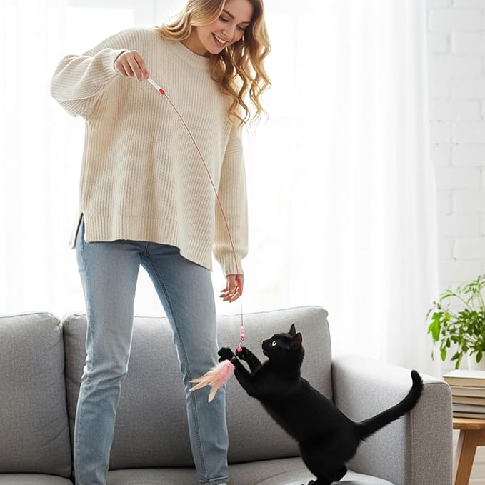 Cat Feather Toy 4PCS Cat Toys for Indoor Cats Interactive Cat-Feather Wand Cats Feather Toys for Bored Indoor-Cat Chase and Exercise