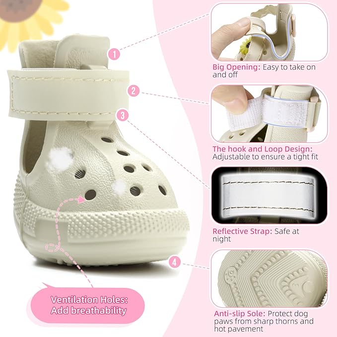 Nasjac Dog Shoes for Hot Pavement - Breathable Dog Sandals with Non Slip Soles & Reflective Straps, Easy ON & Off, Easy-Clean Summer Outdoor Pet Boots for Small Medium Large Dogs, Beige, 7
