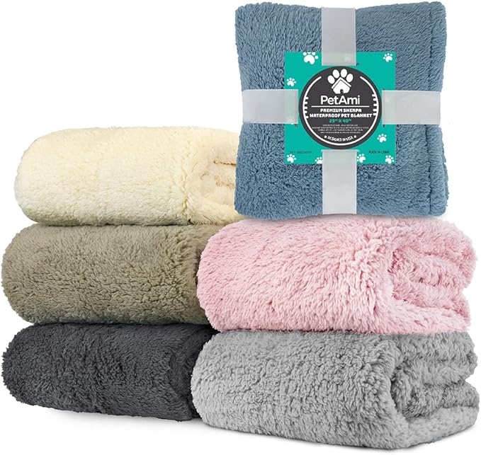 PetAmi Fluffy Waterproof Dog Blanket for Couch and Bed, Reversible Sherpa Pet Throw, Pee Proof Furniture Protector Sofa Cover, Washable Cat Blanket for Small Medium Dogs and Cats (Taupe Camel, 29x40)