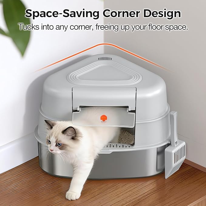 Chumajor XXL Stainless Steel Corner Cat Litter Box with Lid - Sturdy, No Odor & Space-Saving Hidden Design for Large Cats, Grey
