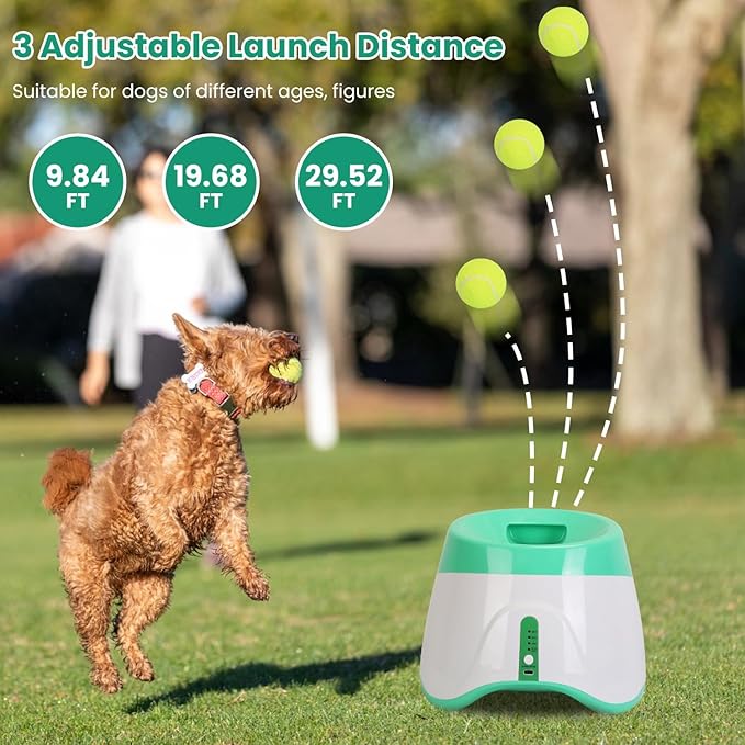 Automatic Dog Ball Launcher, Dog Ball Thrower with 9.84-29.52ft 3 Launching Distance, Rechargeable Dog Toy Mental Stimulation Training Game with 1.96" Tennis Balls for Energetic Small Medium Dogs