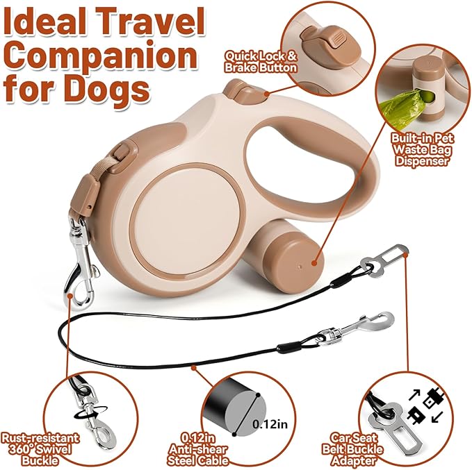 26ft Heavy Duty Retractable Dog Leash for Large Dogs, Dog Leash with Poop Bag Holder, Up to 100lbs, Chew Proof Cable, One-Handed Pause & Lock, 360° No Tangle. (26 ft, Brown)