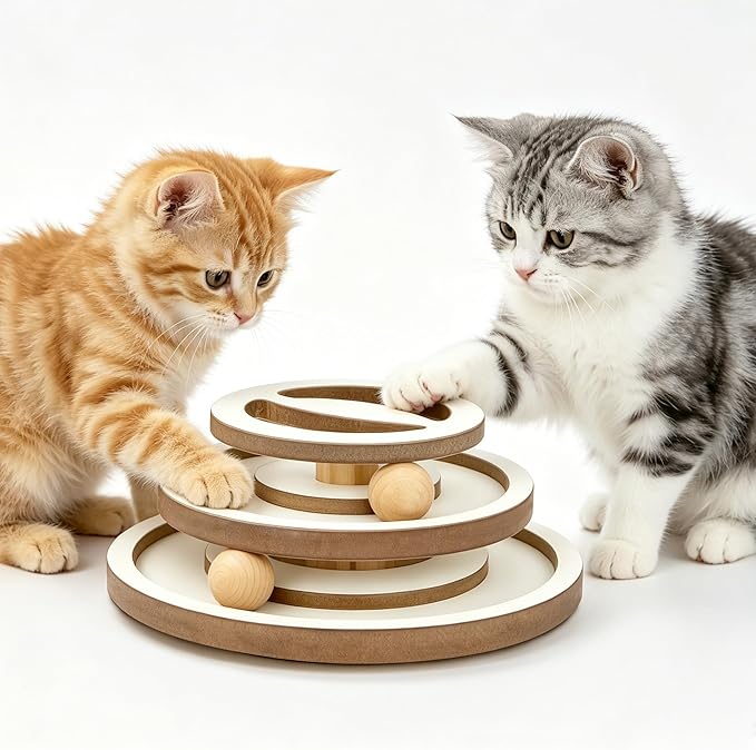 Lulu's world Cat Ball Track Toy,Natural Wooden Kitty Toys Roller,3-Level Tower with Puzzle Top,Fully Assembled Interactive Fun Toy for Kitten Mental Physical Exercise-11-Inch