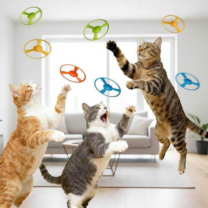 Interactive Cat Toy for Indoor Cats - Cat Fetch Toy Launcher with 8 Colorful Flying Discs, One-Press Exercise Toy for Chasing & Hunting, Fun Kitten Toy for Adult Cats, Yellow