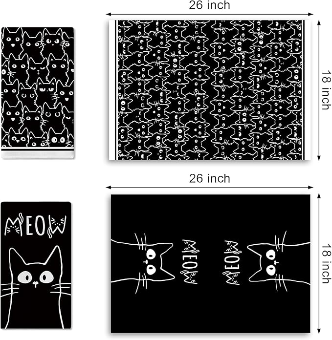 Black Cat Meow Kitchen Dish Towels Set of 2, Cute Kitten Drying Hand Towel Baking Cooking Cloth, Bathroom Home Decoration Pet Cat Owner Lover Gifts 18'' x 26''