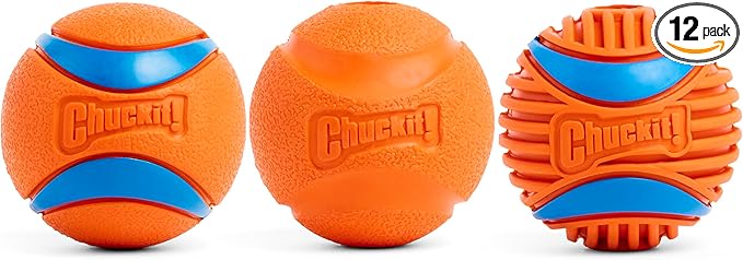 Chuckit! Dog Balls - Interactive Dog Toys, High-Bounce Fetch Ball, Floating Ultra and Rugged Balls, Durable - Size Medium, 2.5-inch Diameter, Set of 3 (Pack of 12)
