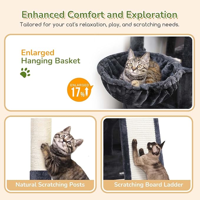 Globlazer 52in Cat Tower for Multiple Indoor Cats, Heavy Duty Multi-Level Cat Tree with 3 Cozy Condos, 4 Natural Sisal Scratching Posts and Cozy Basket Bowl, F52B, Dark Grey