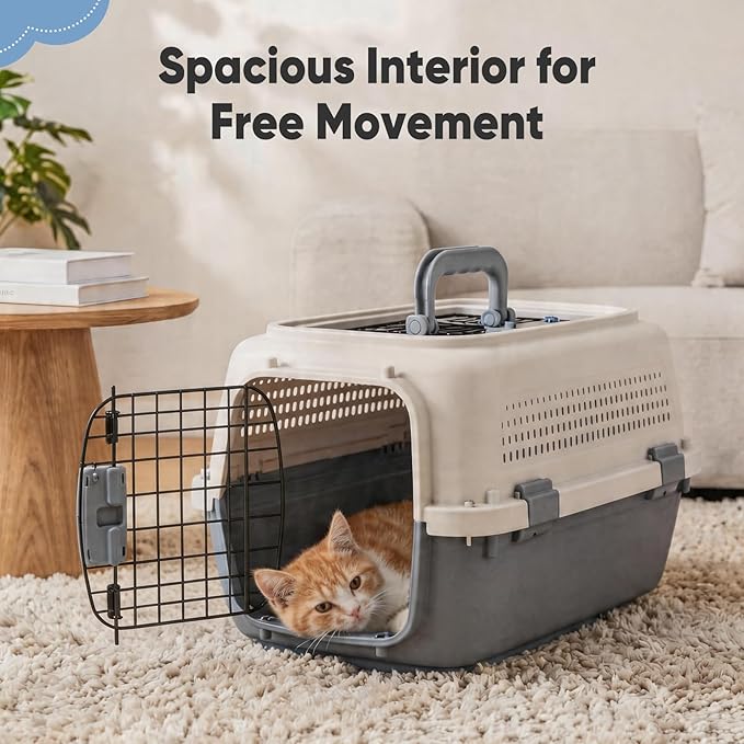 DUMOS 23" Hard-Sided Pet Carrier for Small Dogs & Cats, Airline Approved Travel Crate with Enhanced Security Latches, Front & Top Load Wire Door, Food Bowl for Traveling, Hiking, Camping - Beige&Grey