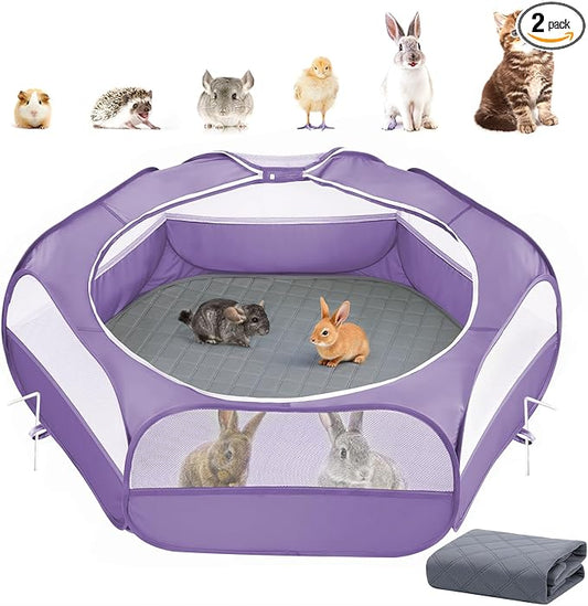 2-in-1 Small Animals Playpen with Pad, Waterproof Small Pet Cage Tent with Reusable Pad, Portable Outdoor Yard Fence with 3 Metal Rod for Chick/Kitten/Puppy/Guinea Pig/Rabbits/Chinchillas, Purple+Gray