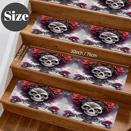 Abstract Skulls Roses Stair Treads for Wooden Steps Indoor Washable Staircase Carpet 10PCS 30"x7.8" Stair Step Treads Non-Slip Staircase Covers Peel and Stick Safety Mat for Kids Elders Pets