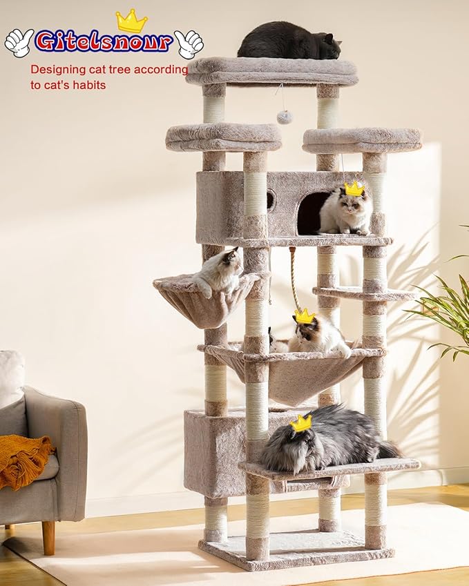 Gitelsnour Cat Tree for Indoor Cats Large Adult, 74" Cat Tower with 3 Big Platforms, 2 Baskets, 2 Condos, Multi-Level Cat Scratching Posts, Muchroom GCT030MU