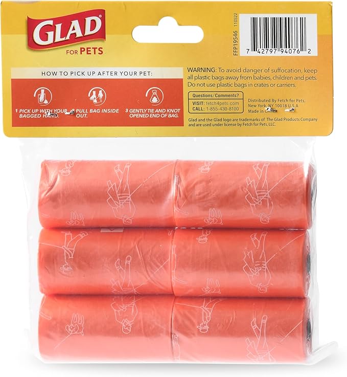 Glad for Pets Heavy Duty Dog Poop Bags, Scented Leak-Resistant Waste Bags with Fun Print Design, Tear-Resistant for Confident Pickup, Fits Standard Dispensers, 6 Rolls, 90 Count