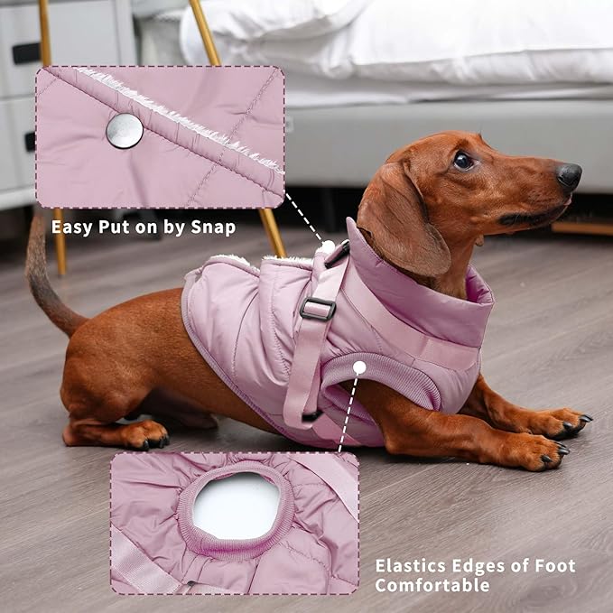 JoyDaog Dog Jacket with Harness,Fleece Lined Warm Puppy Coat for Winter,Soft Windproof Medium Dog Vest,Light Pink XL