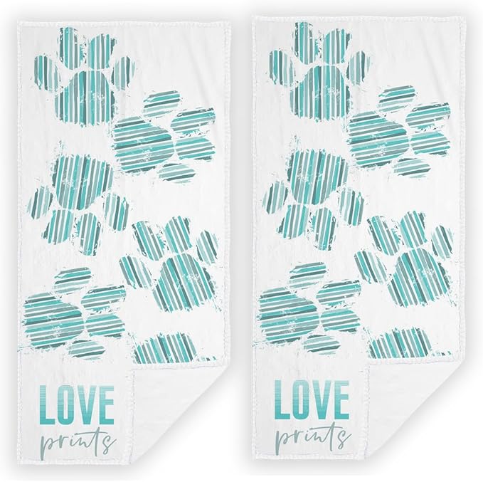 2 PCS Cat Dog Paw Hand Towels Lovely Animals Paw Prints Love Blue Soft Microfiber Hand Towel for Bathroom Kitchen Yoga Gym Decorative Towels 13.8"X29.1"