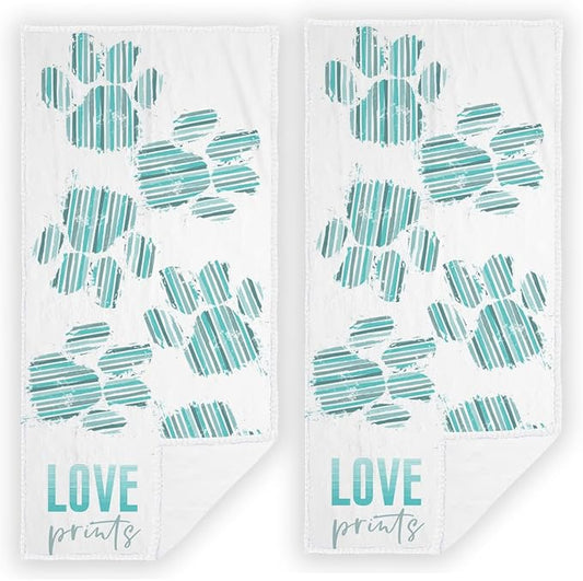 2 PCS Cat Dog Paw Hand Towels Lovely Animals Paw Prints Love Blue Soft Microfiber Hand Towel for Bathroom Kitchen Yoga Gym Decorative Towels 13.8"X29.1"