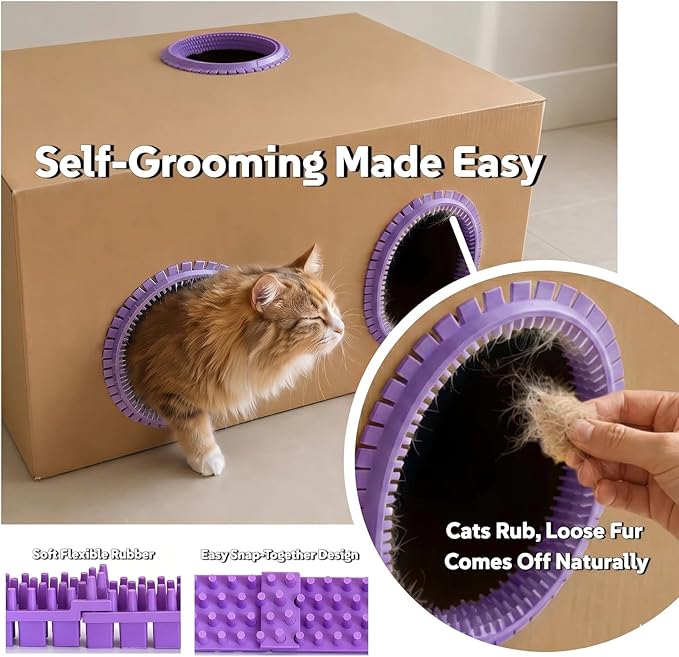 Cat Self Groomer Arch for Cardboard Boxes, DIY Cat Tunnel Brush & Massage Comb for Indoor Cats, Interactive Self Grooming Toy for Cat Cave, Hideouts & Enrichment Play (Lavender)