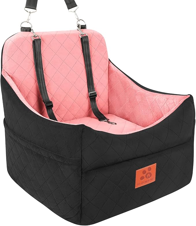 GL GLENSLAVE Dog Car Seat for Small/Medium Dogs, Dog Booster Car Seats with Thick Cushion for Dogs Under 35 lbs, Detachable Washable Pet Carseat with Storage Pockets, 2 Safety Belts(Black/Pink)
