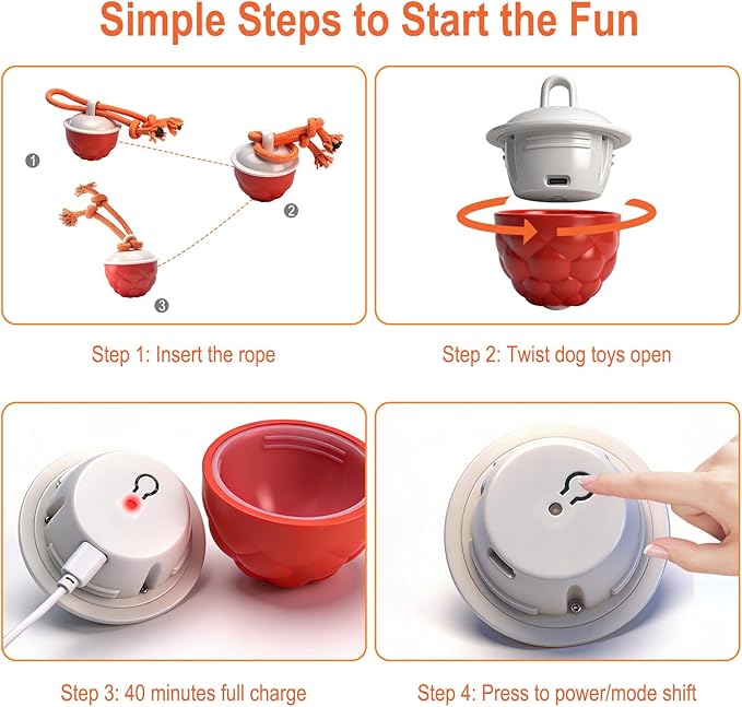 Interactive Dog Toys-Automatic Moving Dog Toy for Boredom, Squeaky Smart Motion Pet Ball for Small Medium Large Dogs, Rope Chew for Teeth Cleaning, Outdoor Waterproof (Red)