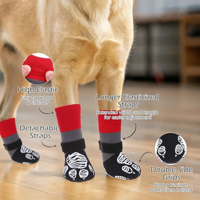 EXPAWLORER Christmas Anti Slip Dog Socks to Prevent Licking Paws, Dog Shoes for Hot Pavement, Dog Booties for Hardwood Floors, Dog Boots & Paw Protectors for Small Medium Large Senior Dogs Red Black S