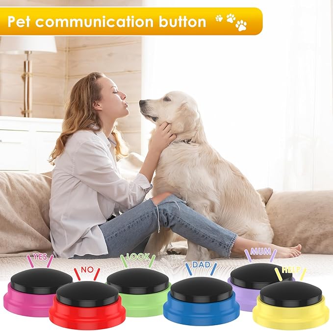 6 Pcs Dog Buttons for Communication, Talking Buttons for Dogs, Recordable Sound Buttons with Dog Button Mat and Scene Stickers, 30 Seconds Dog Buttons for Pet Sound Training Toy